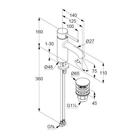 Смеситель KLUDI BOZZ 382660576 для раковины на одно отверстие однорычажный с донным клапаном