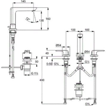Смеситель KLUDI AMEO 413930575 для раковины на три отверстия двухвентильный