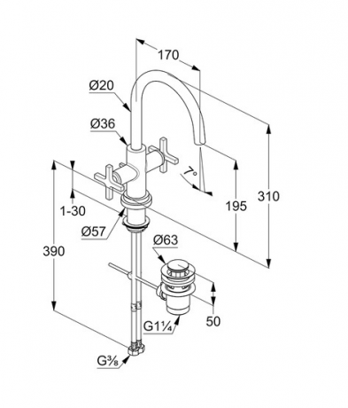 Смеситель KLUDI NOVA FONTE Classic 201180520 для раковины на одно отверстие двухвентильный с донным клапаном