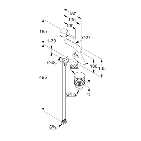 Смеситель KLUDI BOZZ BLACK 382883976 для раковины на одно отверстие однорычажный с донным клапаном