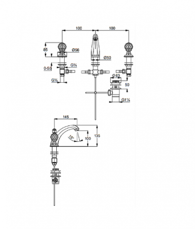 Смеситель KLUDI ADLON 5104305G5 для раковины на три отверстия двухвентильный высокий излив хрустальные рукоятки «Made with Swarovski® Elements»