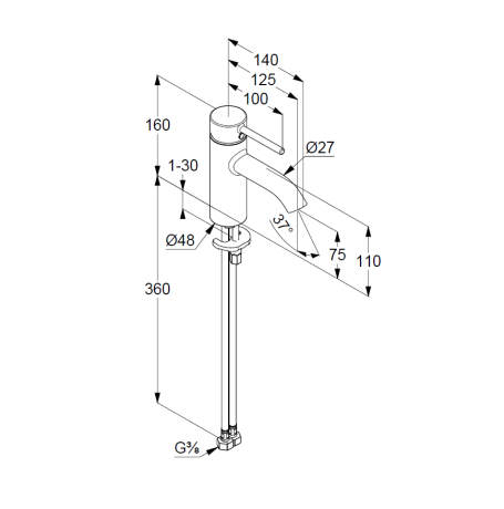Смеситель KLUDI BOZZ 38272N576 для раковины на одно отверстие однорычажный без донного клапана